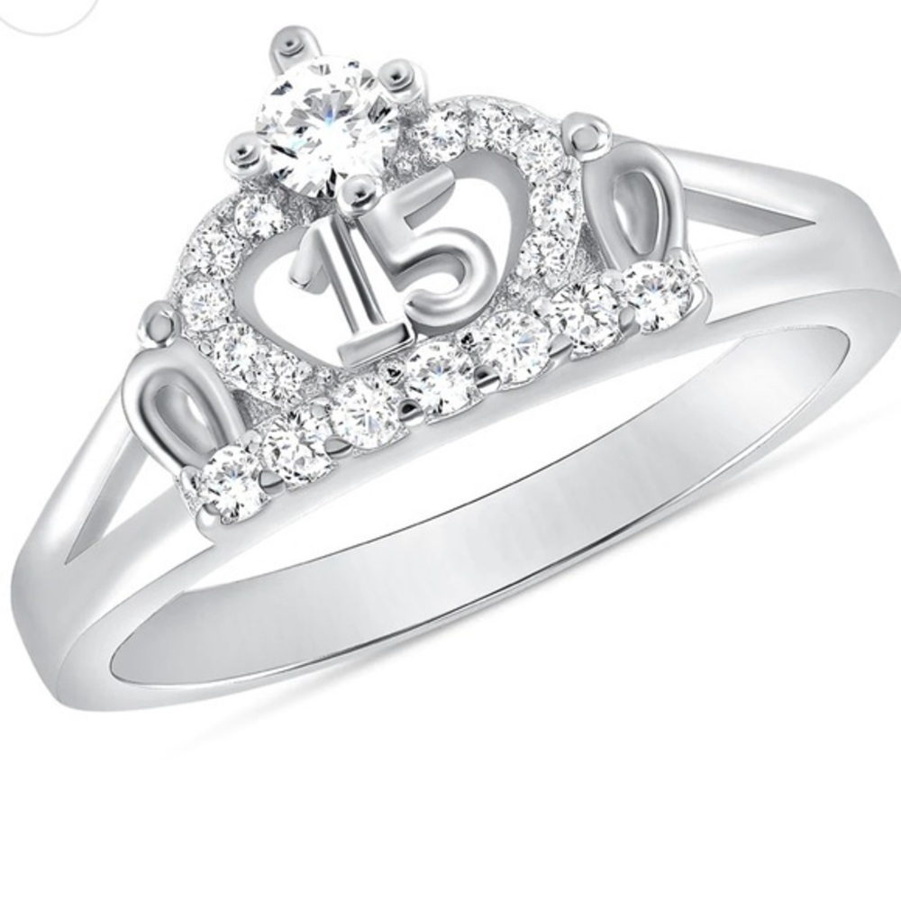 Silver 925 Rhodium Plated Cubic Zirconia Crown 15 Years Ring